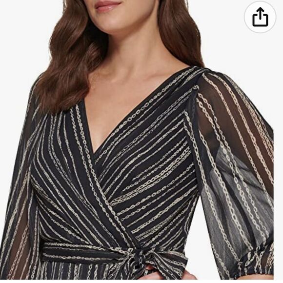 DKNY Metallic Stripe Print Surplice VNeck 3/4 Balloon Sleeve Tie Waist Faux Wrap - Picture 5 of 8